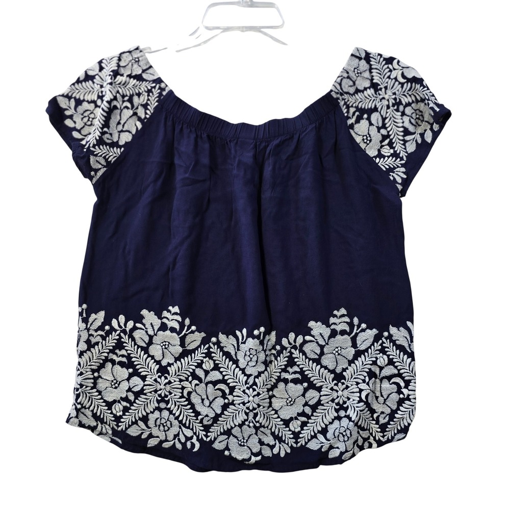 Allison Joy Peasant Top Off Shoulder Embroidered‎ Navy Blue Floral Womens Medium